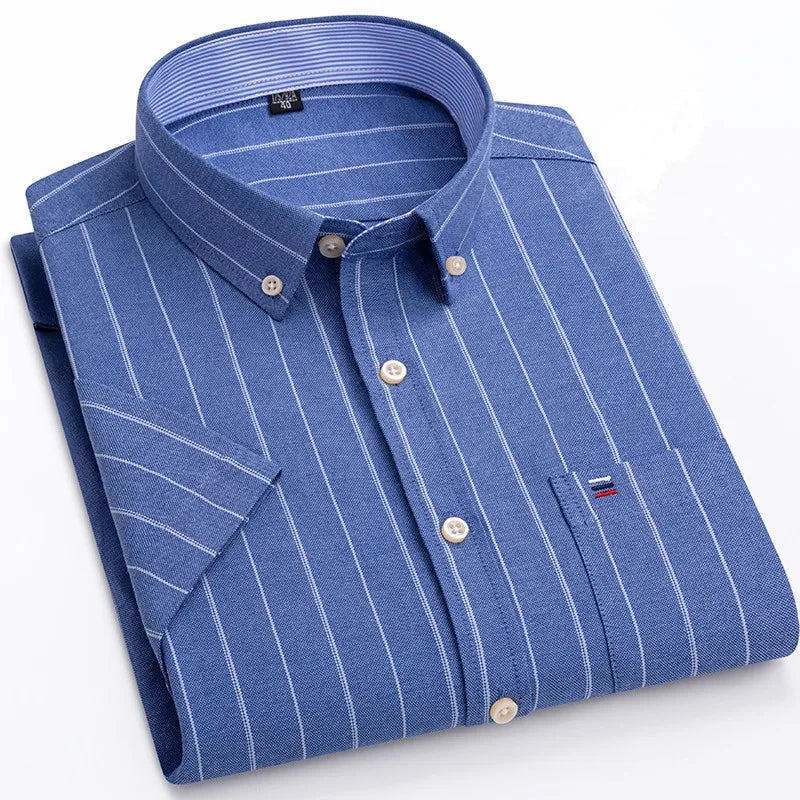 Men's high-quality Oxford cotton short sleeved shirt for summer comfort breathable classic solid color plaid business leisure Quick Pick Grocers